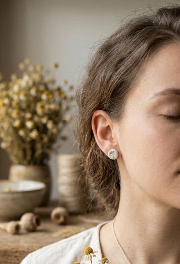 Handmade Botanical Imprint Clay Stud Earrings – Nature Inspired Minimalist Floral Jewelry