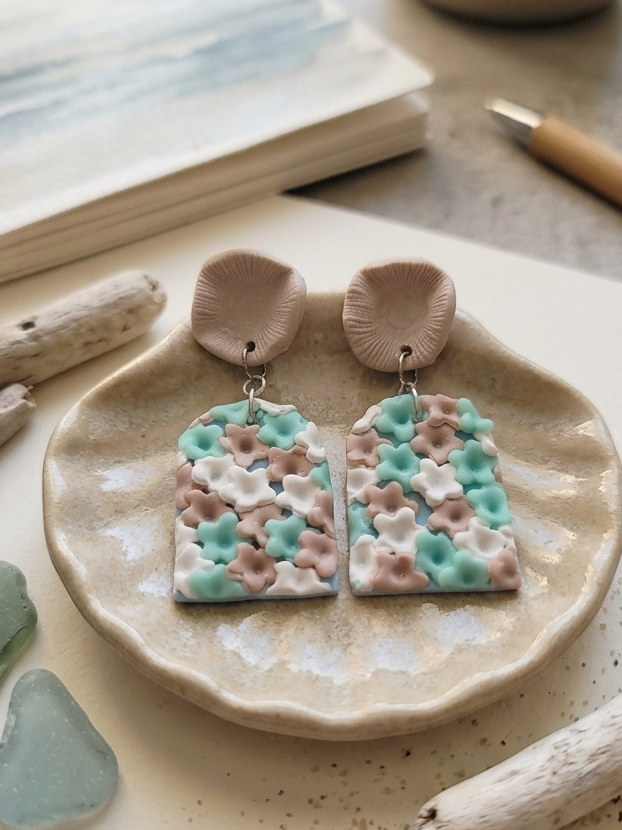 Handmade Pastel Floral Polymer Clay Arch Earrings | Mint and Mauve Botanical Statement Jewellery