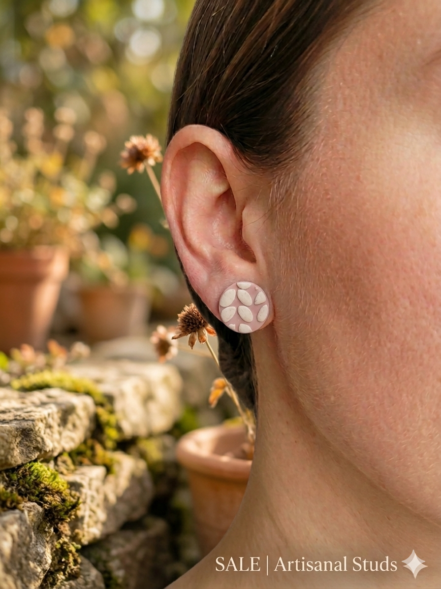 Petal & Stone Minimalist Studs – Dusty Rose Textured Clay Earrings