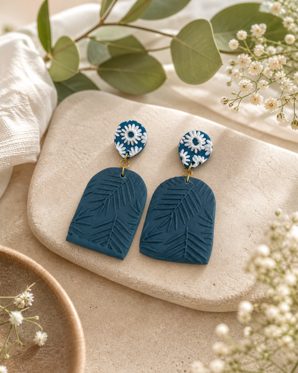 Teal Floral Polymer Clay Dangle Earrings | Handmade Botanical Statement Earrings | Lightweight Nature Inspired Jewellery
