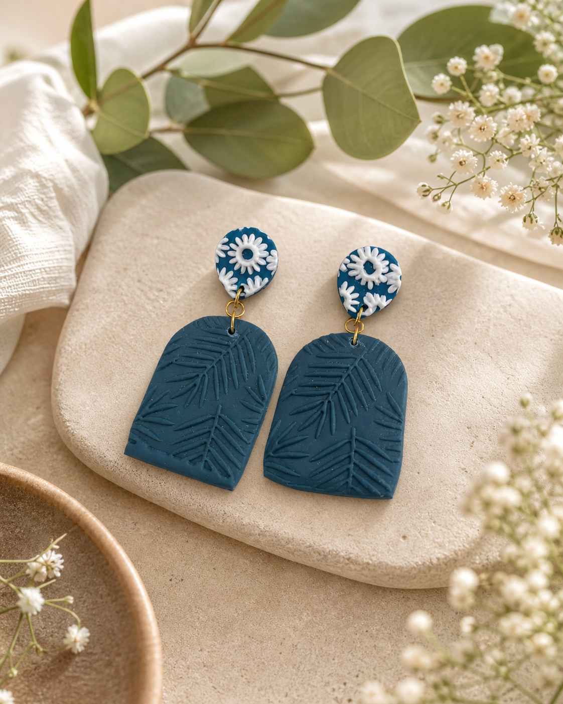 Teal Floral Polymer Clay Dangle Earrings | Handmade Botanical Statement Earrings | Lightweight Nature Inspired Jewellery