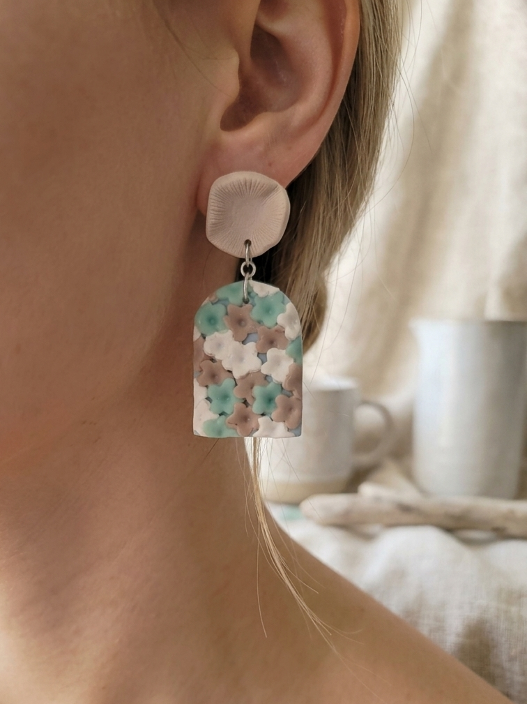 Handmade Pastel Floral Polymer Clay Arch Earrings | Mint and Mauve Botanical Statement Jewellery