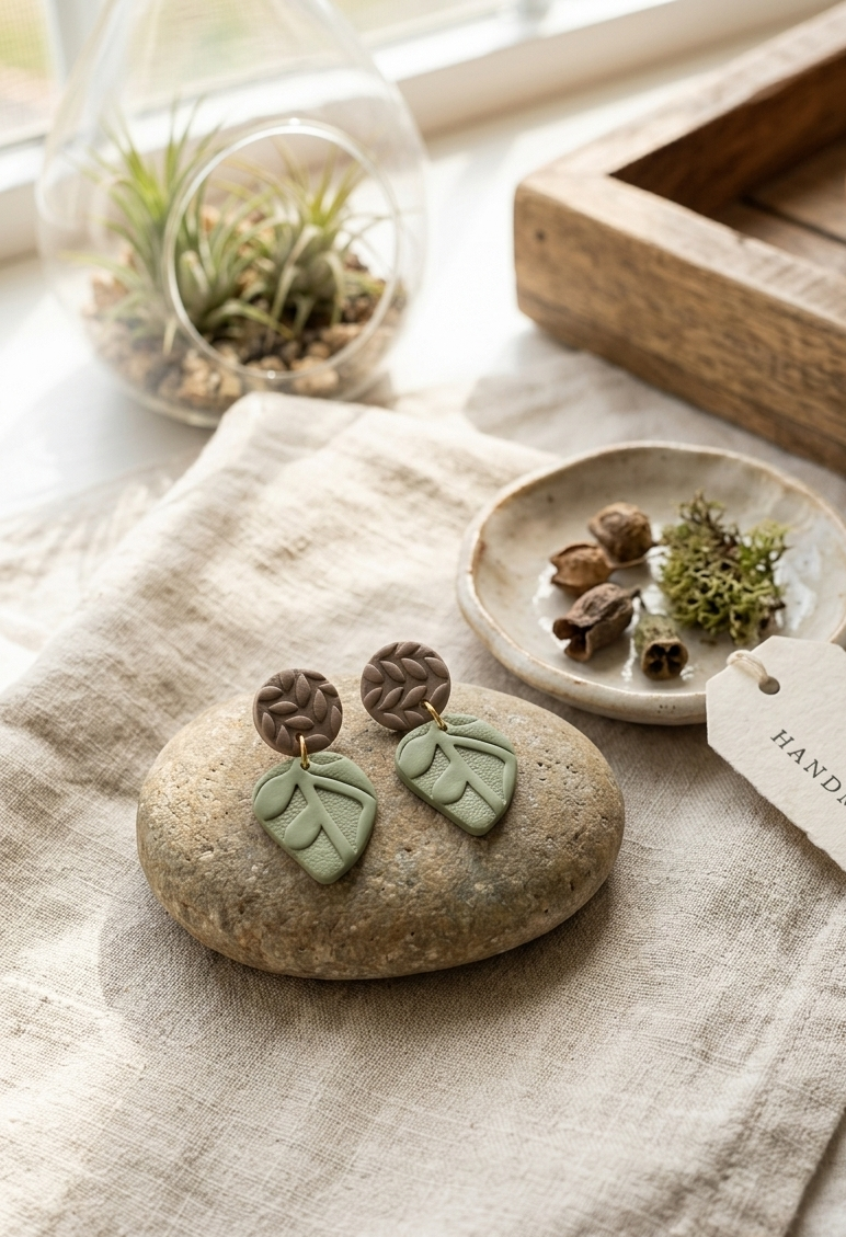 Sage Leaf & Earth-Tone Textured Polymer Clay Earrings