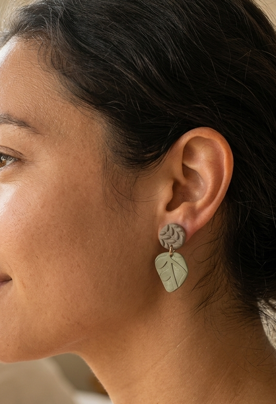 Sage Leaf & Earth-Tone Textured Polymer Clay Earrings