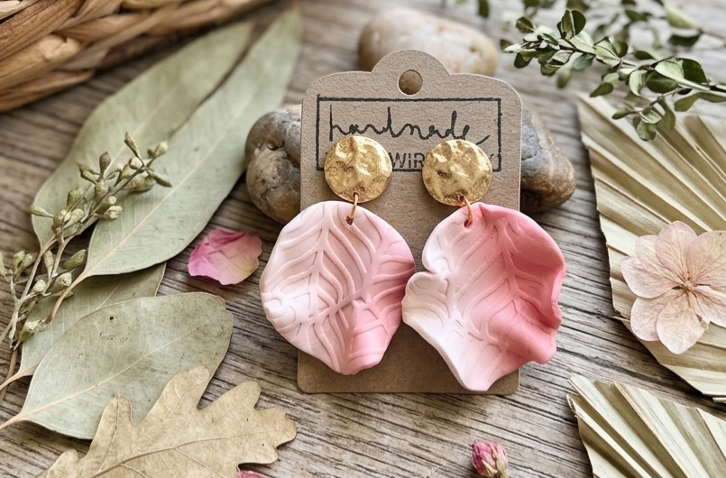 Handmade Ombré Rose Petal Earrings – Hammered Gold & Soft Pink